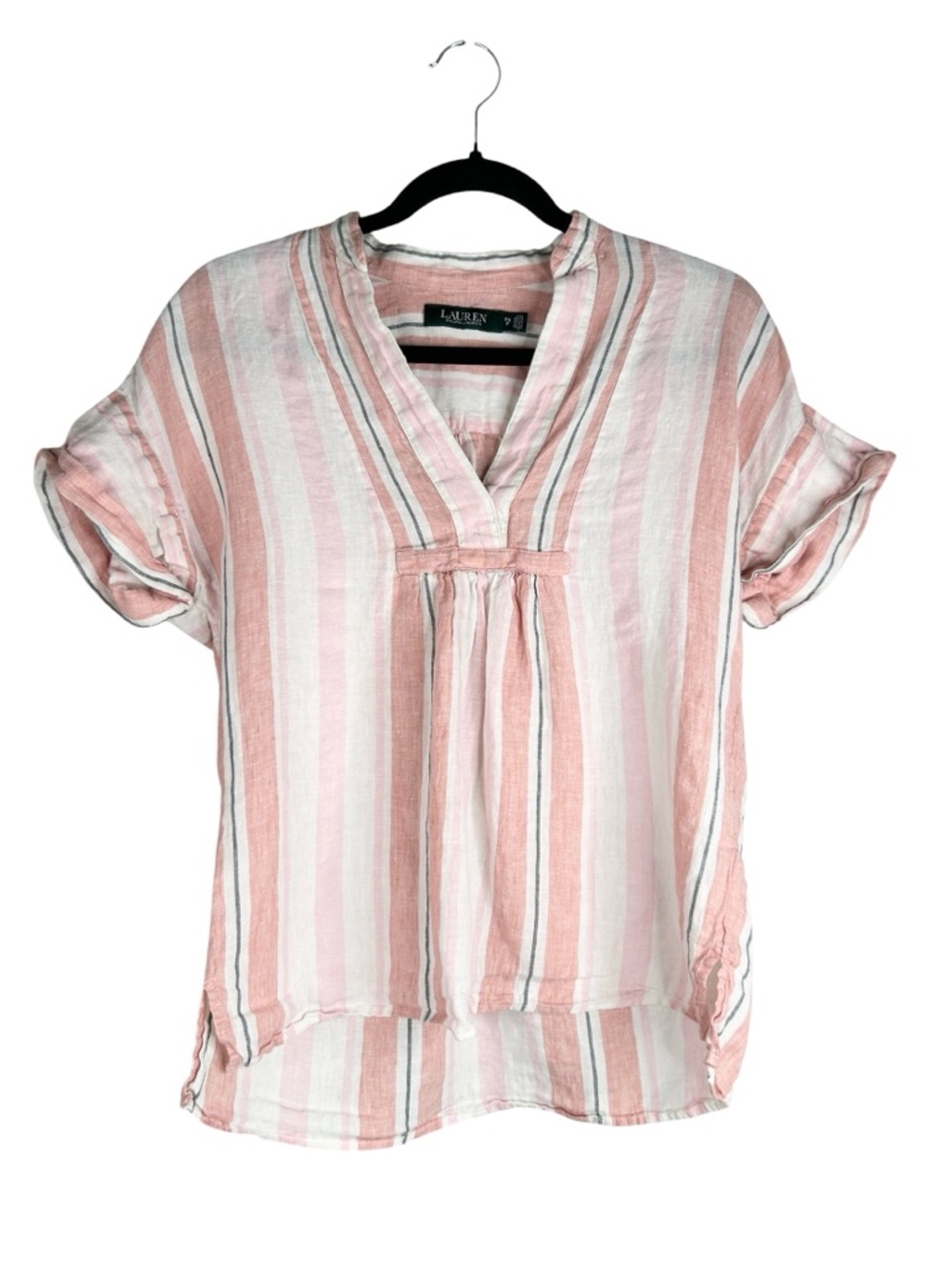 Lauren Ralph Lauren 100% Linen PInk White Gray Stripe Short Sleeve Top Size S